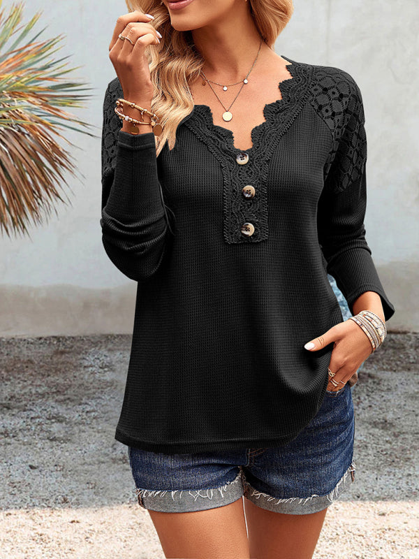 lace V-neck buttoned knit top BLUE ZONE PLANET