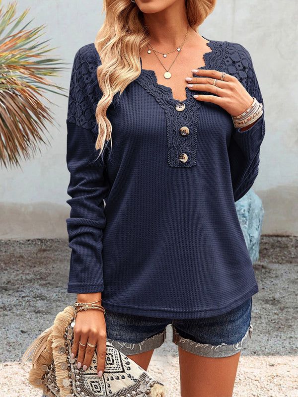 lace V-neck buttoned knit top BLUE ZONE PLANET