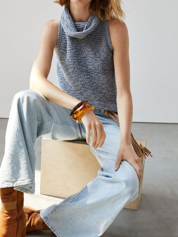 Blue Zone Planet |  Knitted Sleeveless Scarf Collar Sweater Vest BLUE ZONE PLANET