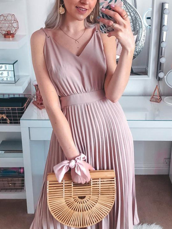 Blue Zone Planet | Loose V-neck pleated midi dress kakaclo