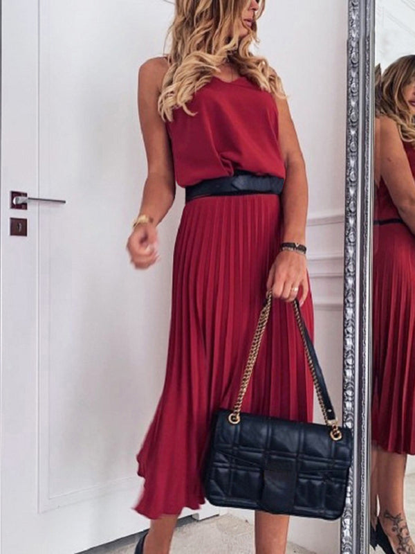 Blue Zone Planet | Loose V-neck pleated midi dress kakaclo