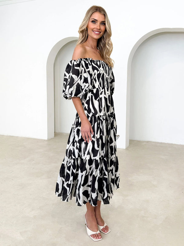 Blue Zone Planet | Resort Style Puff Sleeve Printed French Cake Dress BLUE ZONE PLANET