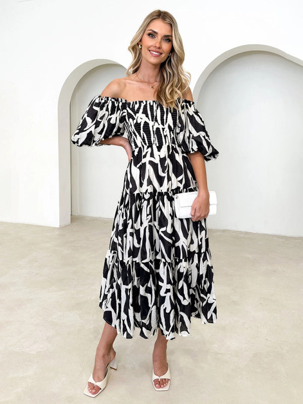 Blue Zone Planet | Resort Style Puff Sleeve Printed French Cake Dress BLUE ZONE PLANET