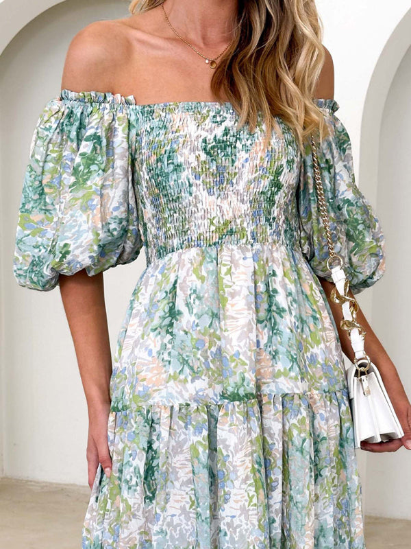 Blue Zone Planet | Resort Style Puff Sleeve Printed French Cake Dress BLUE ZONE PLANET