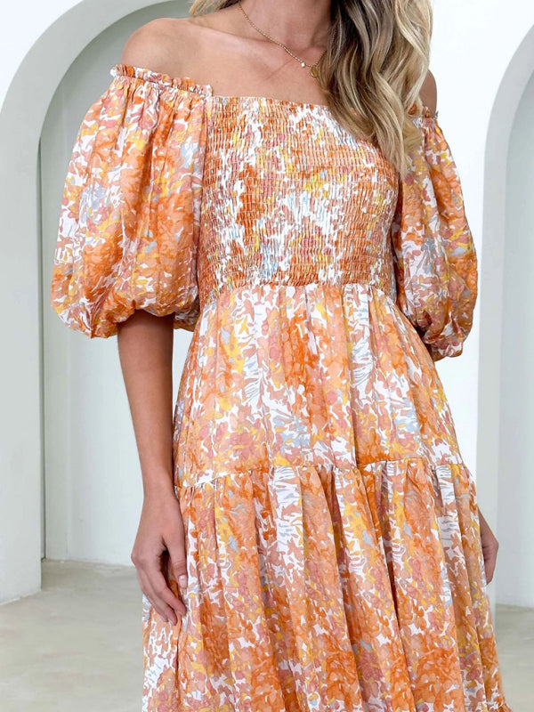 Blue Zone Planet | Resort Style Puff Sleeve Printed French Cake Dress BLUE ZONE PLANET