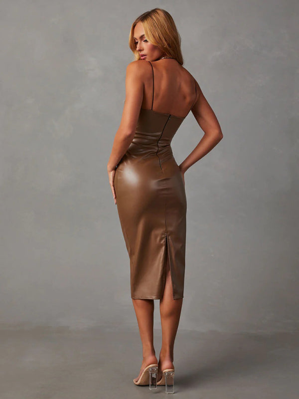 Blue Zone Planet | Strapless PU leather slit hip-covering backless dress kakaclo