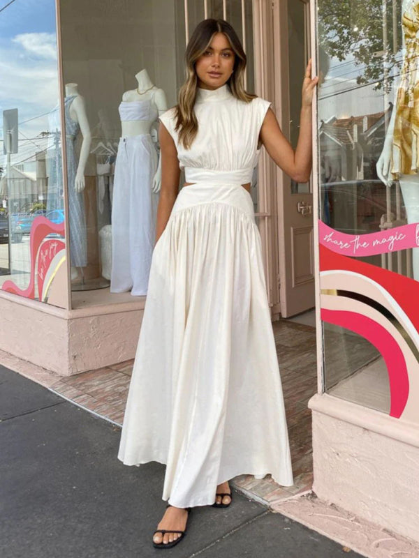 solid color empty waist exposed waist pleated large skirt dress kakaclo