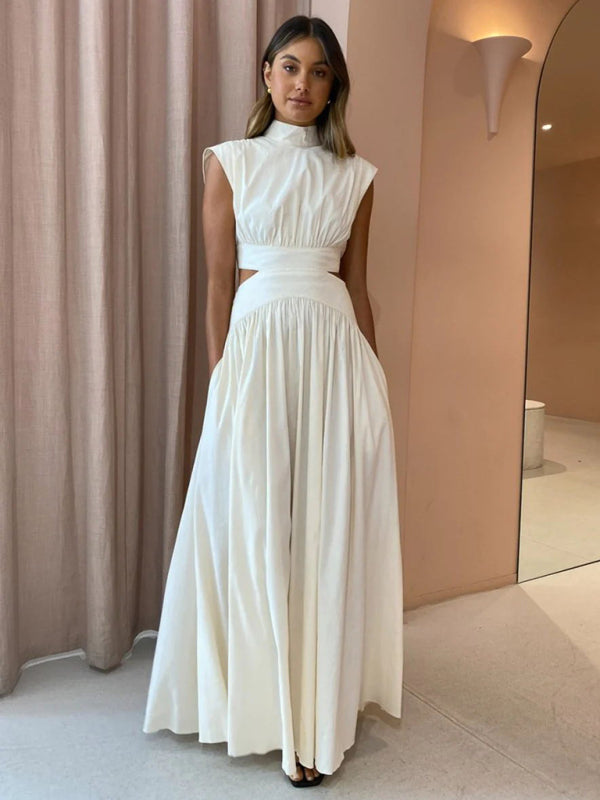 solid color empty waist exposed waist pleated large skirt dress kakaclo