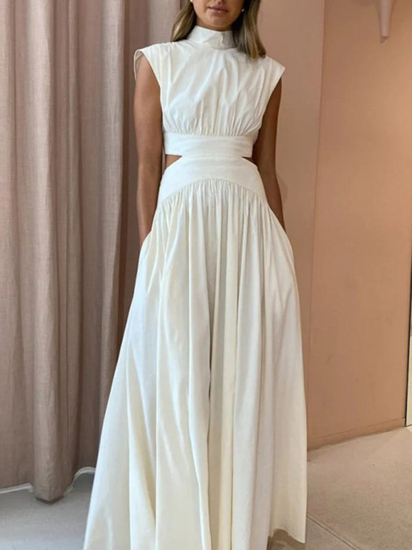 solid color empty waist exposed waist pleated large skirt dress kakaclo