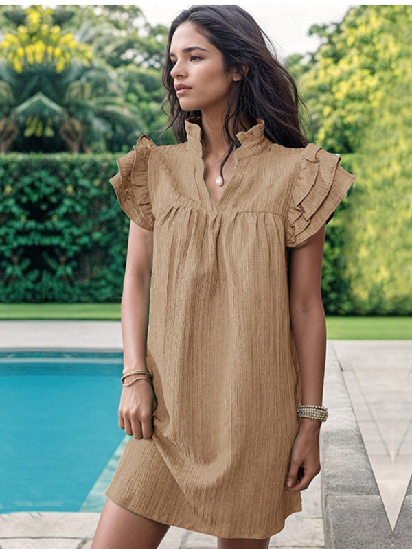 Blue Zone Planet | Upright collar V-neck solid color mini dress kakaclo