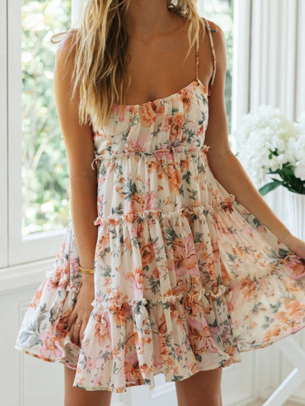 Blue Zone Planet | Floral printed spaghetti strap tiered mini dress kakaclo