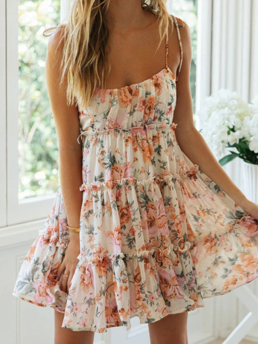 Blue Zone Planet | Floral printed spaghetti strap tiered mini dress kakaclo