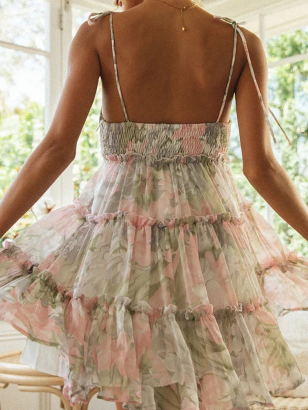 Blue Zone Planet | Floral printed spaghetti strap tiered mini dress kakaclo