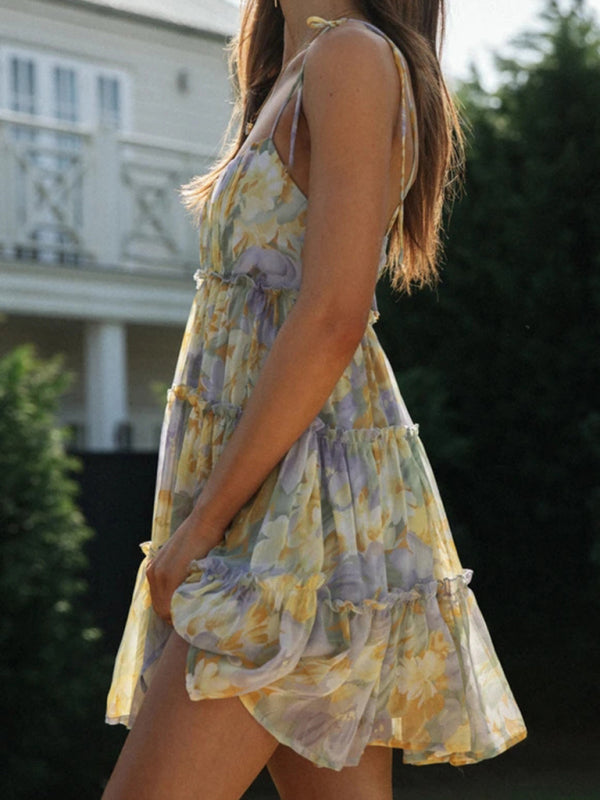 Blue Zone Planet | Floral printed spaghetti strap tiered mini dress kakaclo