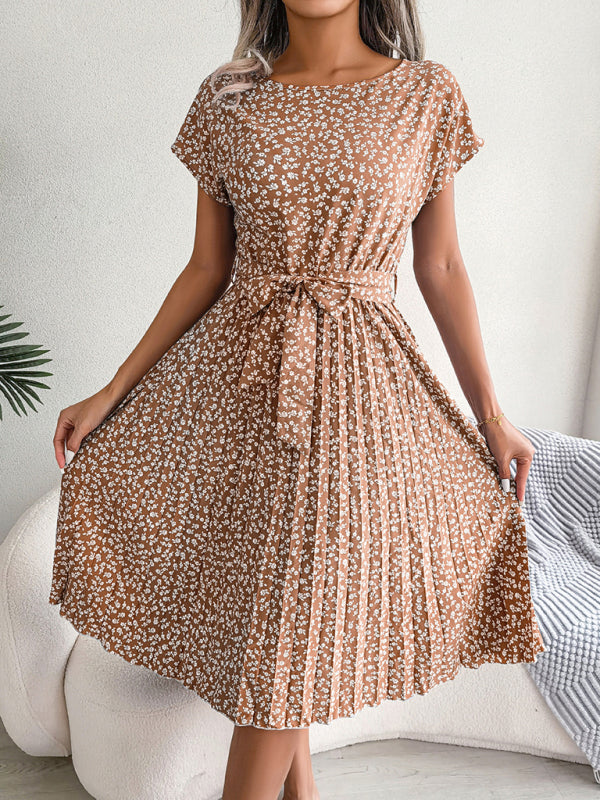 Blue Zone Planet | Casual short-sleeved floral large hem pleated midi dress kakaclo