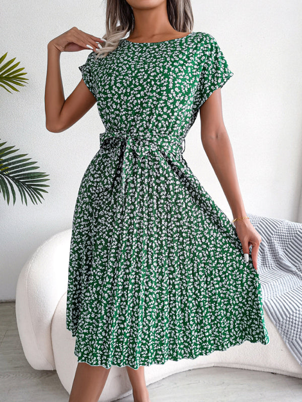 Blue Zone Planet | Casual short-sleeved floral large hem pleated midi dress kakaclo