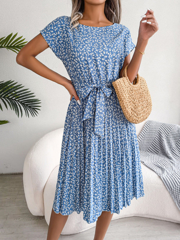 Blue Zone Planet | Casual short-sleeved floral large hem pleated midi dress kakaclo