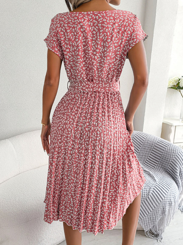 Blue Zone Planet | Casual short-sleeved floral large hem pleated midi dress kakaclo