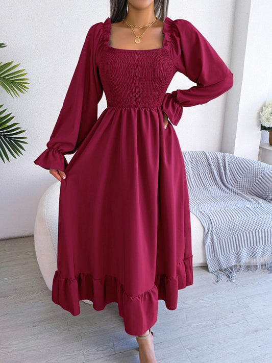 Blue Zone Planet |  Square neck flared midi dress with large ruffled hem kakaclo