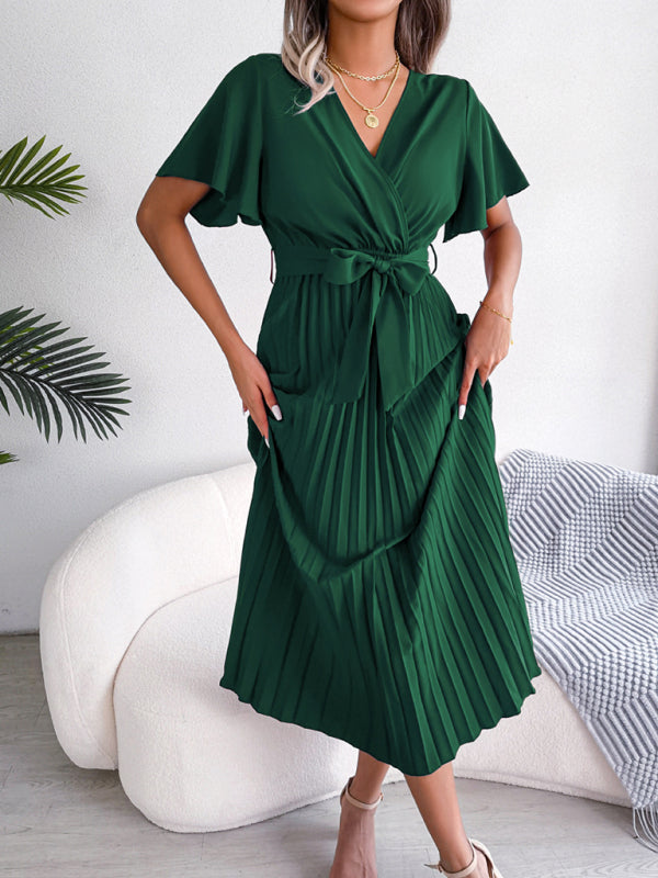 Blue Zone Planet | Crossover V-neck pleated midi dress with wide hem kakaclo
