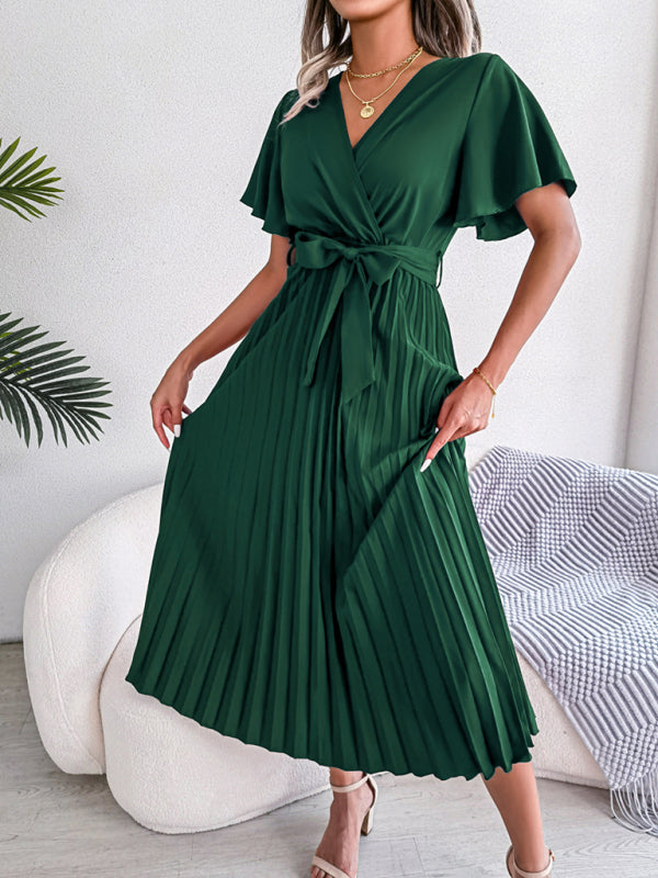 Blue Zone Planet | Crossover V-neck pleated midi dress with wide hem kakaclo