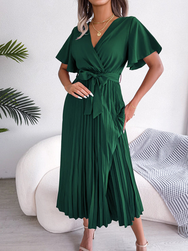 Blue Zone Planet | Crossover V-neck pleated midi dress with wide hem kakaclo