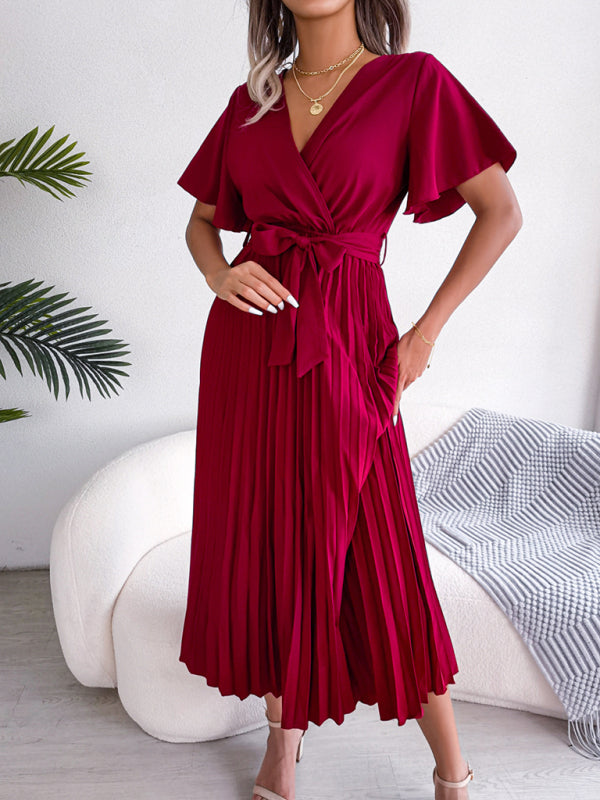 Blue Zone Planet | Crossover V-neck pleated midi dress with wide hem kakaclo