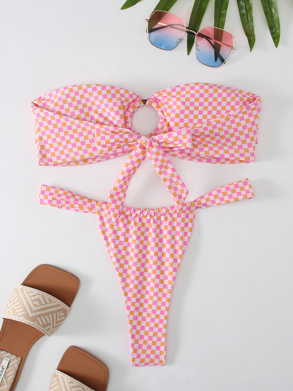 Blue Zone Planet |  floral plaid print bandeau bikini BLUE ZONE PLANET