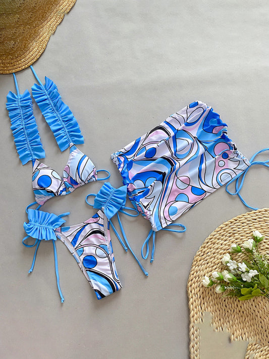Blue Zone Planet |  three-piece bikini ruffled edge split swimsuit BLUE ZONE PLANET