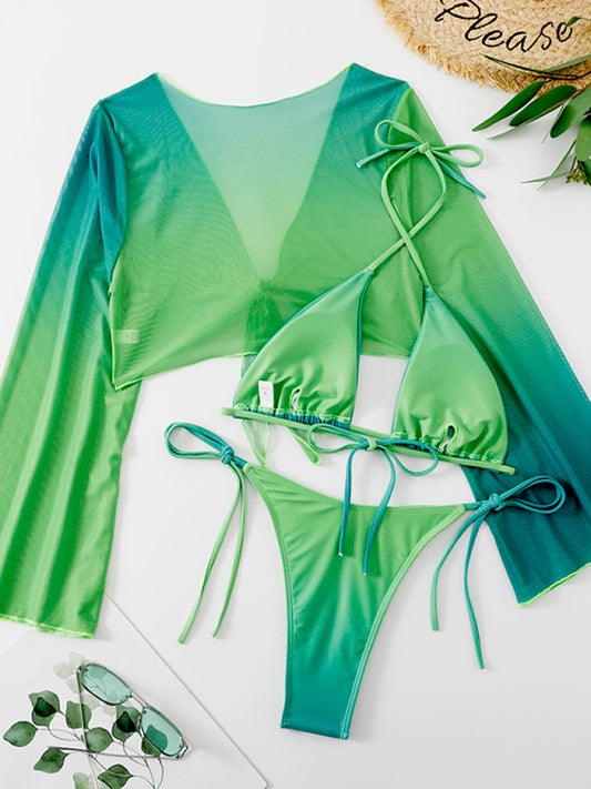 three-piece bikini mesh shawl split swimsuit high waist bikini BLUE ZONE PLANET