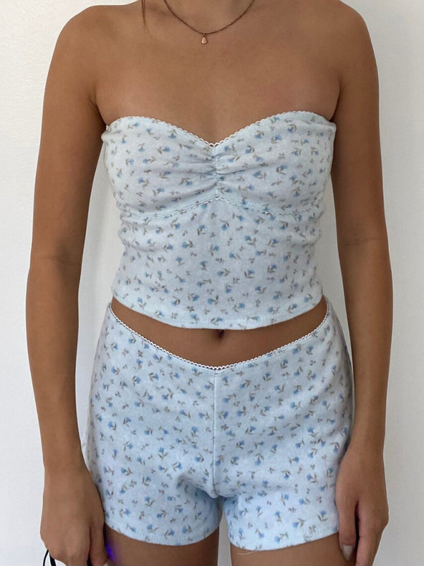 New women's casual printed stretch tube top lace shorts suit kakaclo