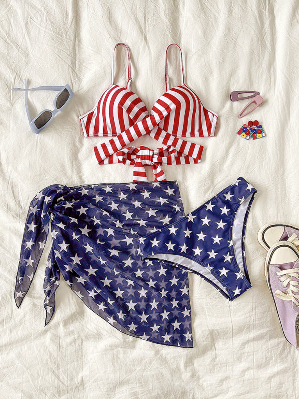 Blue Zone Planet |  Mia's Stars and Stripes Flag Print Three-Piece Bikini Swimsuit BLUE ZONE PLANET