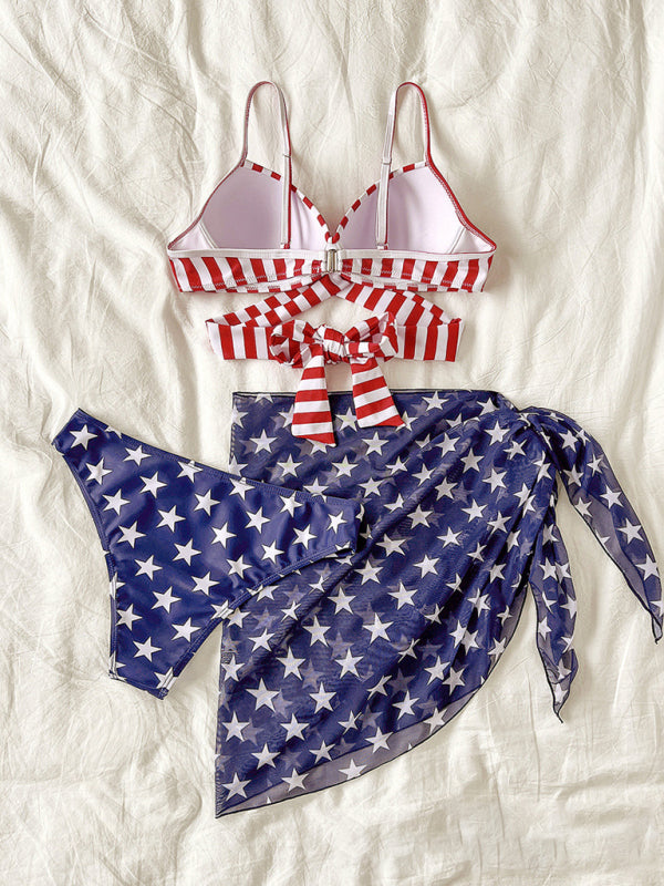 Blue Zone Planet |  Mia's Stars and Stripes Flag Print Three-Piece Bikini Swimsuit BLUE ZONE PLANET