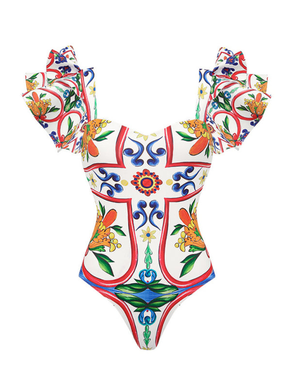 Blue Zone Planet | ruffled enamel print beach vacation one-piece swimsuit BLUE ZONE PLANET
