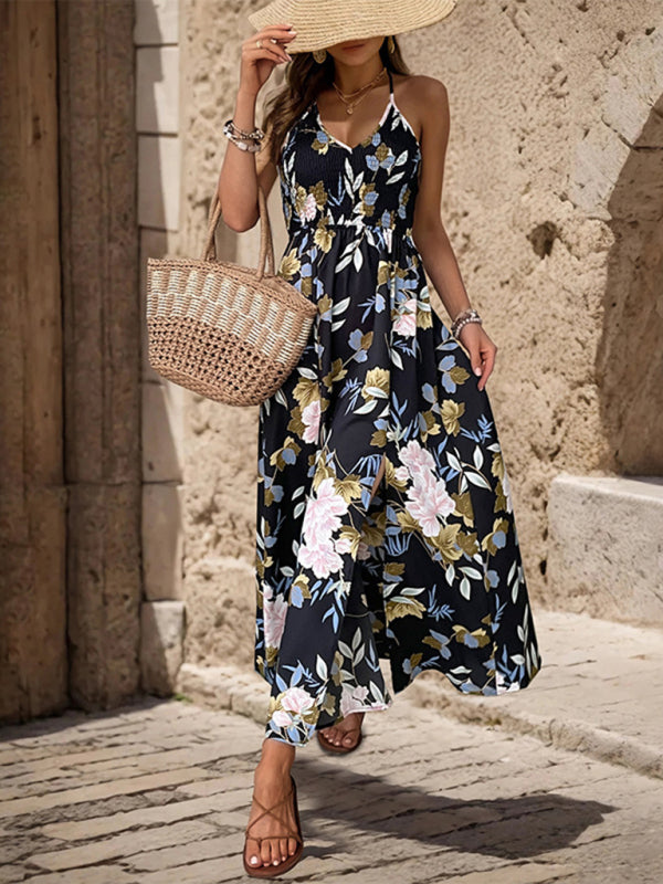 floral print slit strapless backless A-line long dress BLUE ZONE PLANET