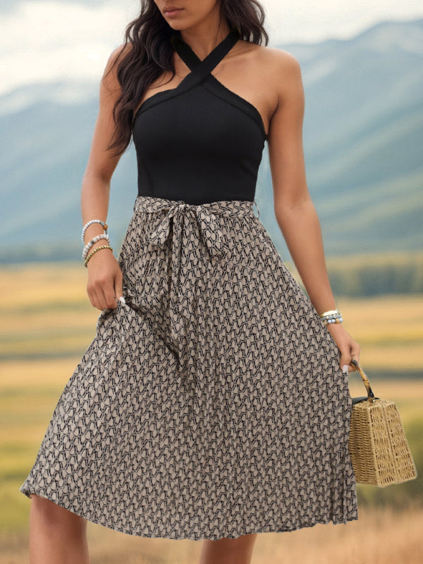 knee length halter dress Color Blocked Cross Neck Halter Knee length Dress