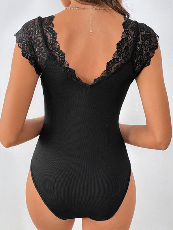 style lace stitching large V-neck bodysuit BLUE ZONE PLANET