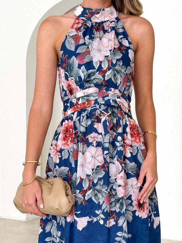 halterneck printed waist slimming dress BLUE ZONE PLANET