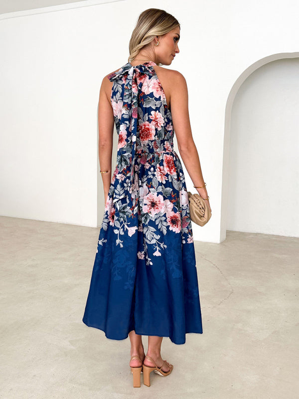 halterneck printed waist slimming dress BLUE ZONE PLANET