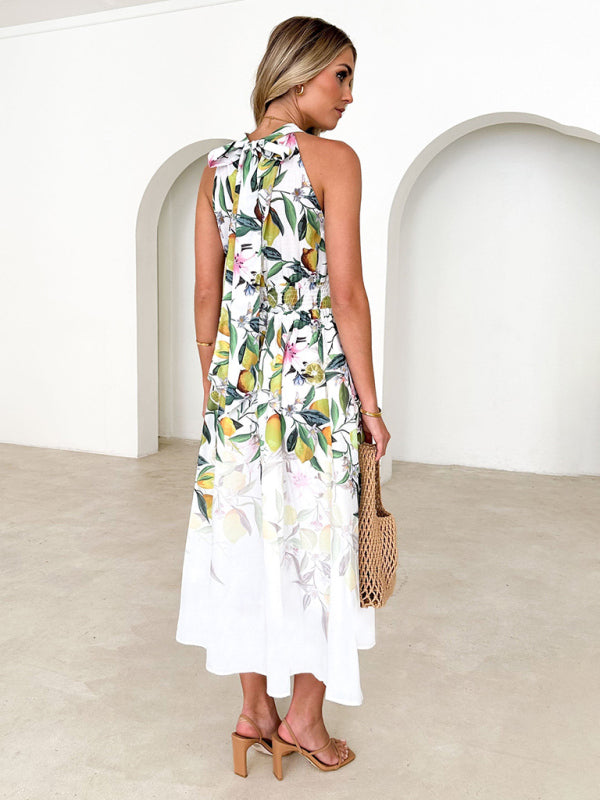 halterneck printed waist slimming dress BLUE ZONE PLANET