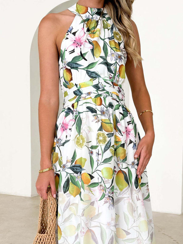 halterneck printed waist slimming dress BLUE ZONE PLANET