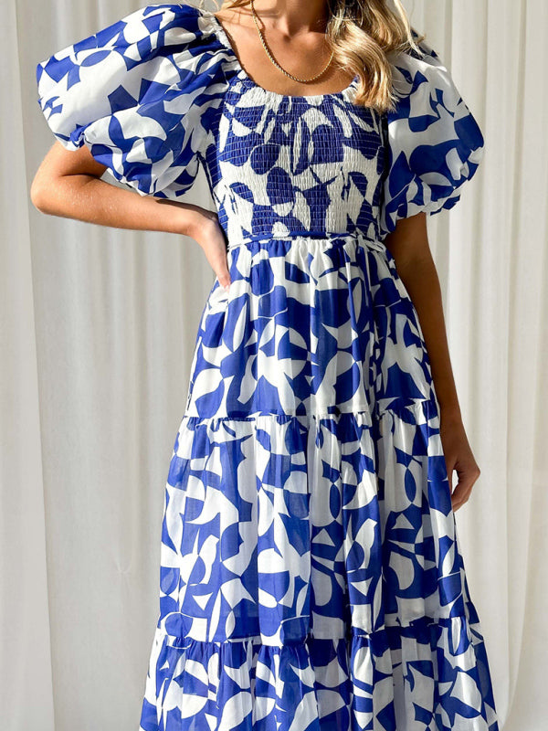 Blue Zone Planet | Elegant Printed One Shoulder Puff Sleeve Dress BLUE ZONE PLANET