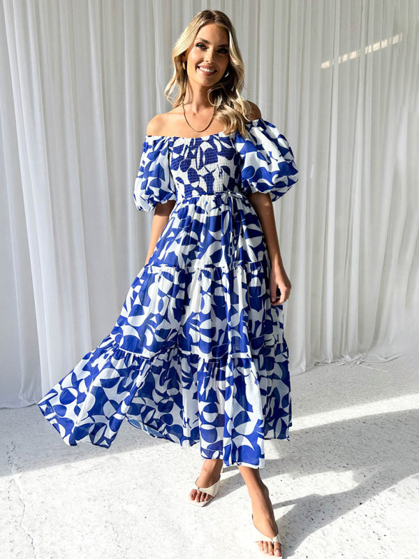 Blue Zone Planet | Elegant Printed One Shoulder Puff Sleeve Dress BLUE ZONE PLANET