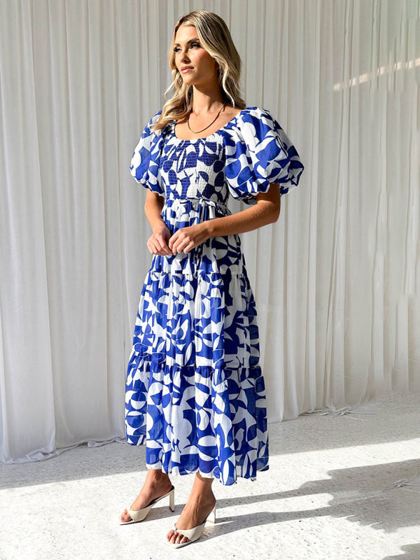 Blue Zone Planet | Elegant Printed One Shoulder Puff Sleeve Dress BLUE ZONE PLANET