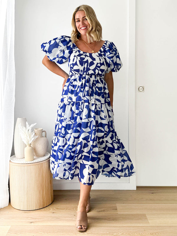 Blue Zone Planet | Elegant Printed One Shoulder Puff Sleeve Dress BLUE ZONE PLANET