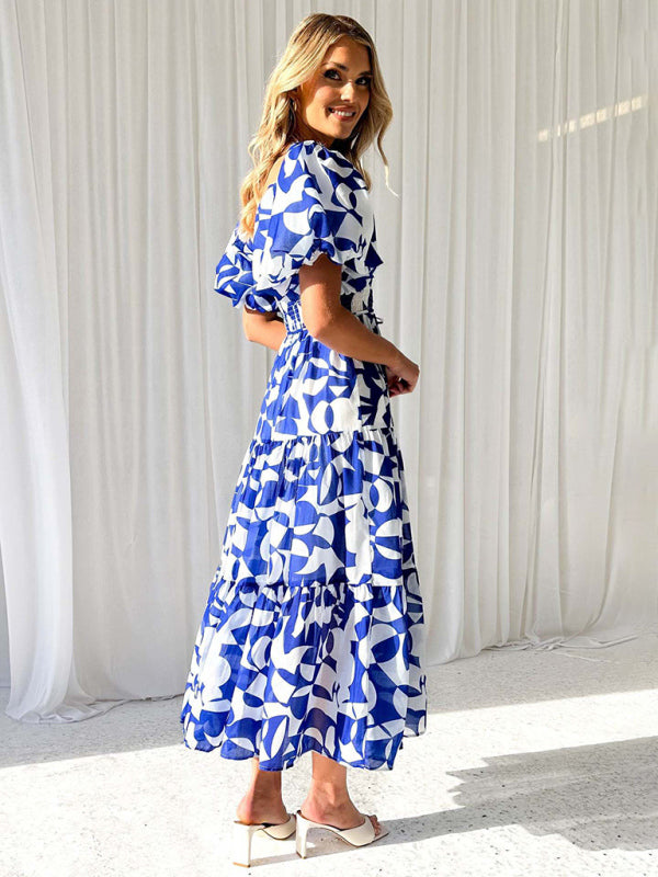 Blue Zone Planet | Elegant Printed One Shoulder Puff Sleeve Dress BLUE ZONE PLANET