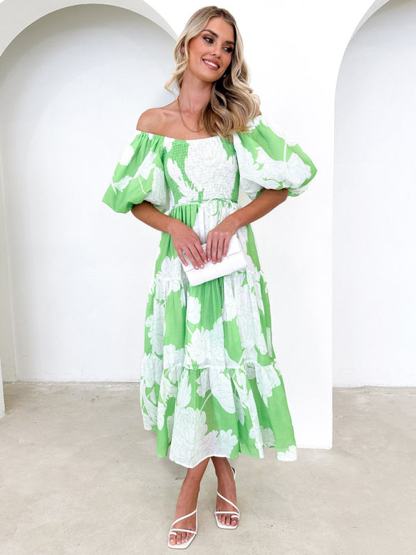 Blue Zone Planet | Elegant Printed One Shoulder Puff Sleeve Dress BLUE ZONE PLANET