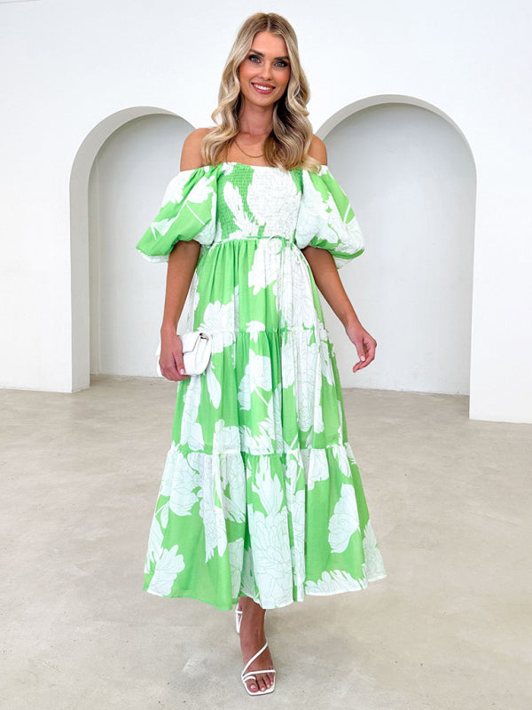 Blue Zone Planet | Elegant Printed One Shoulder Puff Sleeve Dress BLUE ZONE PLANET