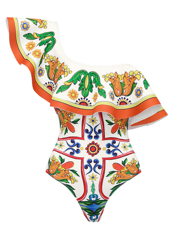 Blue Zone Planet | Ruffled Enamel Print Beach Resort Swimsuit Suit BLUE ZONE PLANET