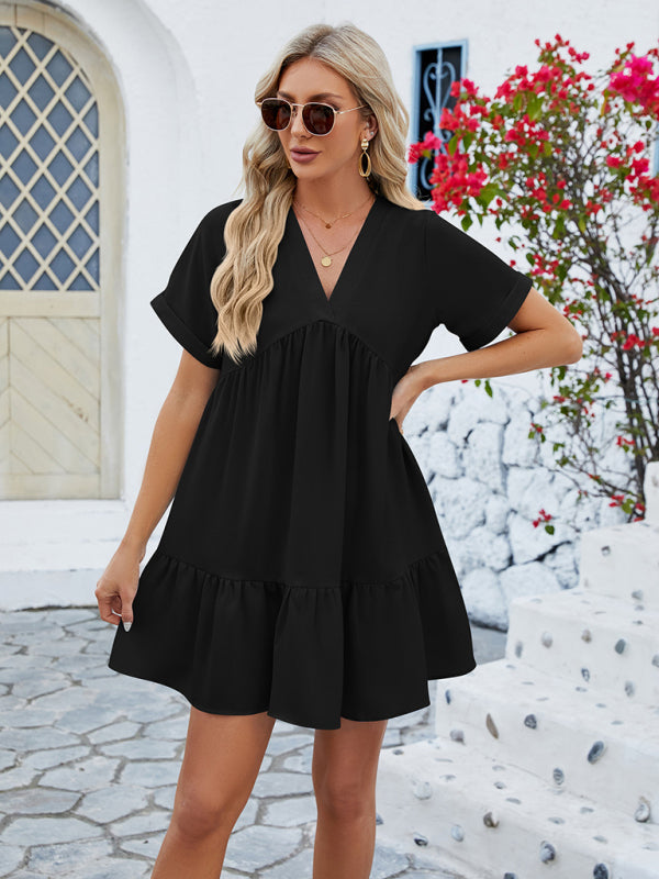 Blue Zone Planet | V-neck solid color short-sleeved pleated loose dress BLUE ZONE PLANET